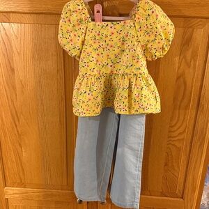 btween Yellow Floral Blouse with Light Blue Pants